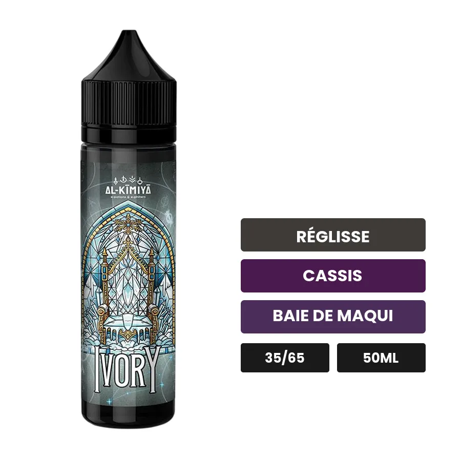 E-liquide Ivory d'Al-Kimiya, 50 ml, saveurs réglisse, cassis et baie de maqui, sans nicotine — prêt à booster de nicotine.