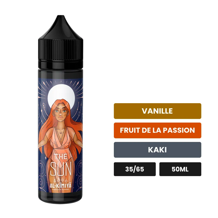 E-liquide The Sun d'Al-Kimiya, 50 ml, saveurs vanille, fruit de la passion et kaki.