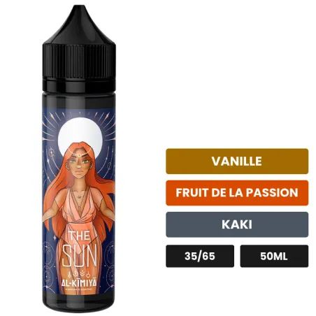E-liquide The Sun d'Al-Kimiya, 50 ml, saveurs vanille, fruit de la passion et kaki.