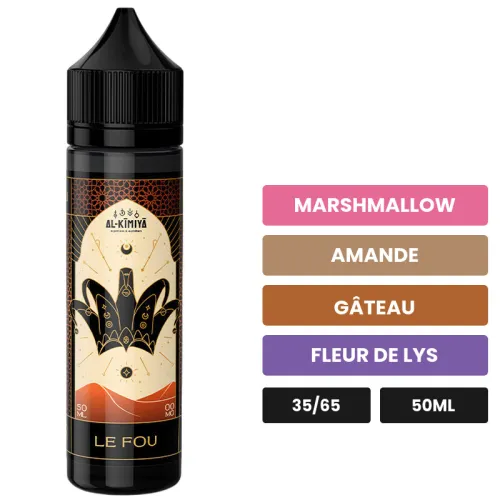 E-liquide Le Fou d'Al-Kimiya, 50 ml, saveurs marshmallow, amande, gâteau et 1 autre, sans nicotine — prêt à booster de.