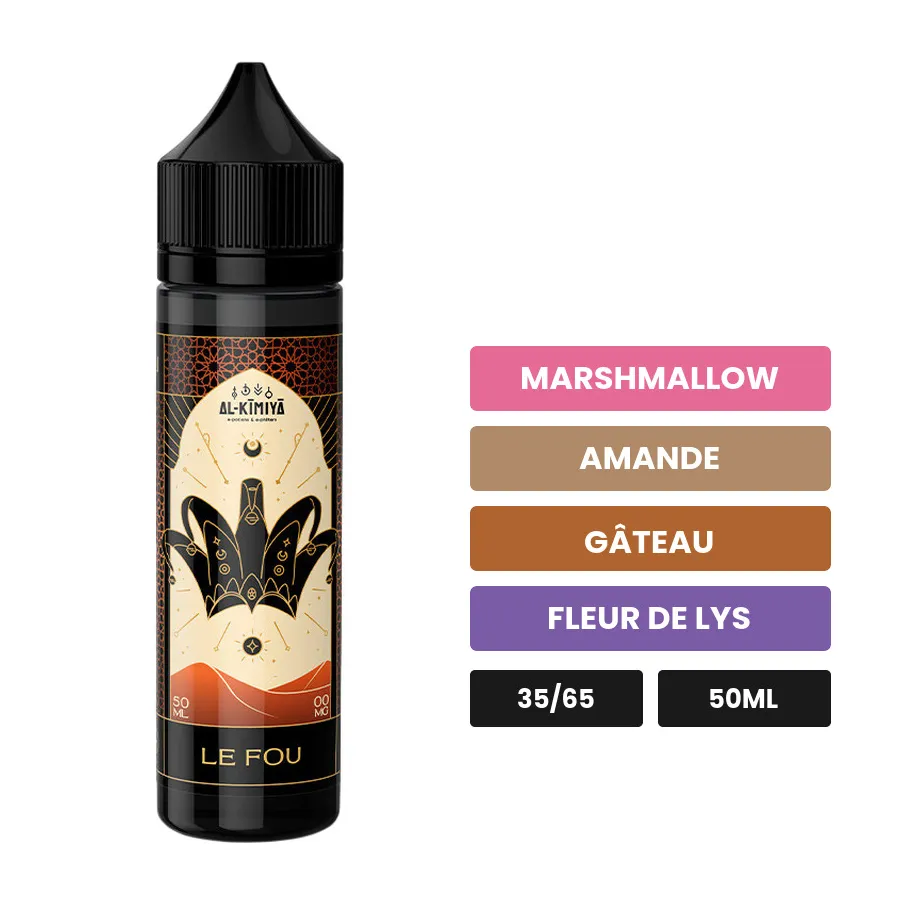 E-liquide Le Fou d'Al-Kimiya, 50 ml, saveurs marshmallow, amande, gâteau et 1 autre, sans nicotine — prêt à booster de.