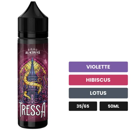 E-liquide Tressa d'Al-Kimiya, 50 ml, saveurs violette, hibiscus et lotus, sans nicotine — prêt à booster de nicotine.