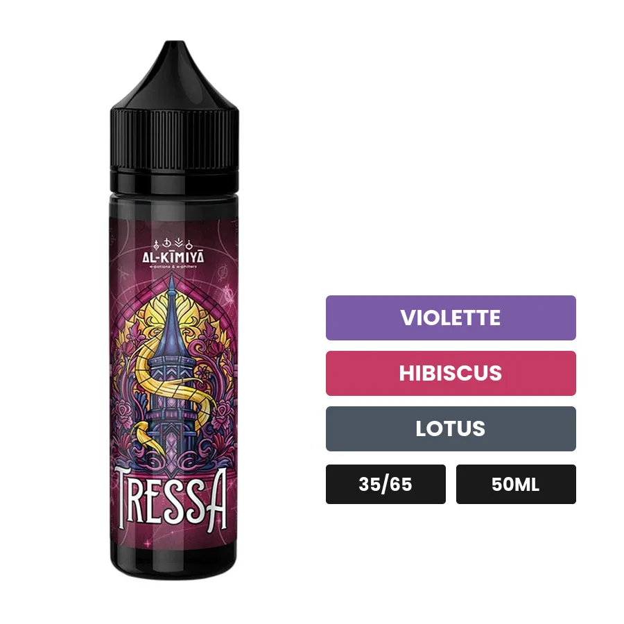 E-liquide Tressa d'Al-Kimiya, 50 ml, saveurs violette, hibiscus et lotus, sans nicotine — prêt à booster de nicotine.