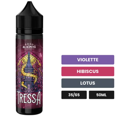 E-liquide Tressa d'Al-Kimiya, 50 ml, saveurs violette, hibiscus et lotus, sans nicotine — prêt à booster de nicotine.