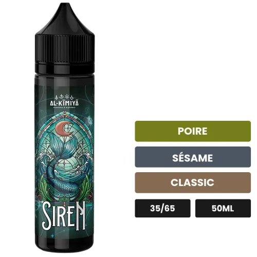 E-liquide Siren d'Al-Kimiya, 50 ml, saveurs poire, sésame et classic, sans nicotine — prêt à booster de nicotine.