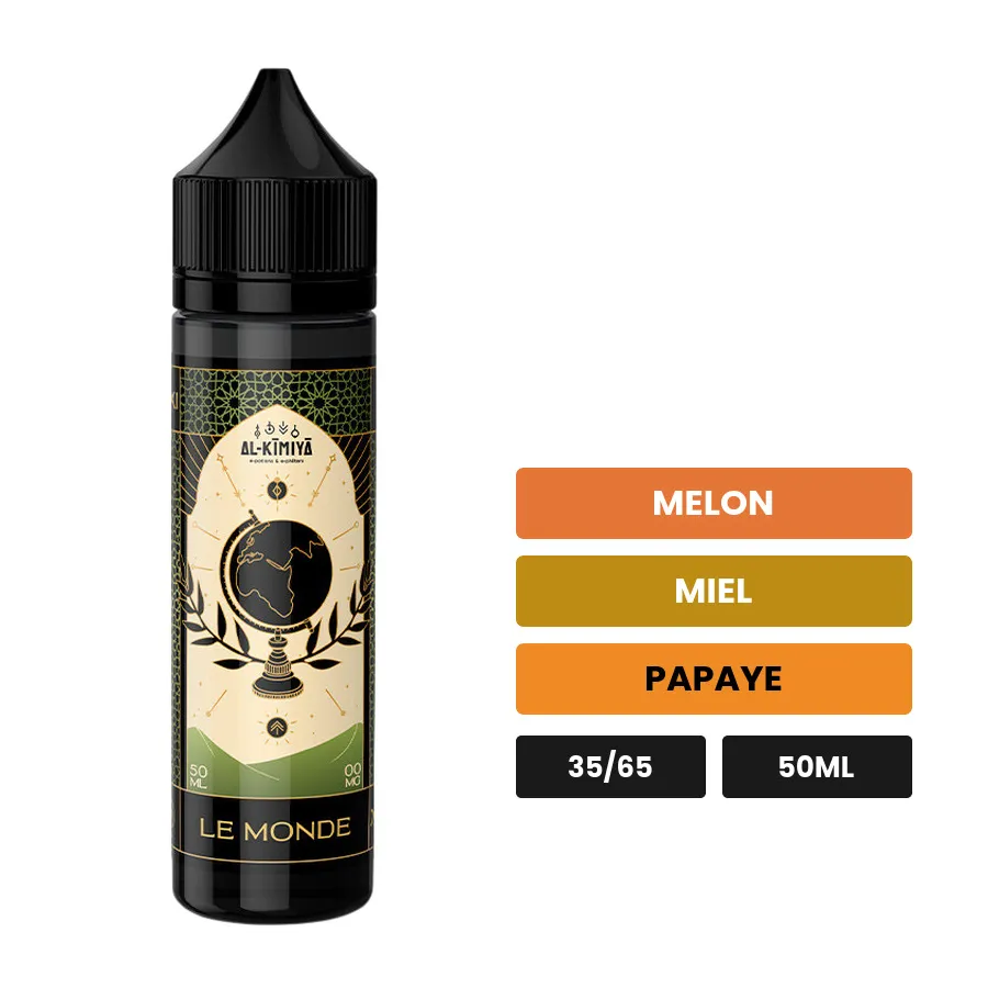 E-liquide Le Monde d'Al-Kimiya, 50 ml, saveurs melon, miel et papaye, sans nicotine — prêt à booster de nicotine.