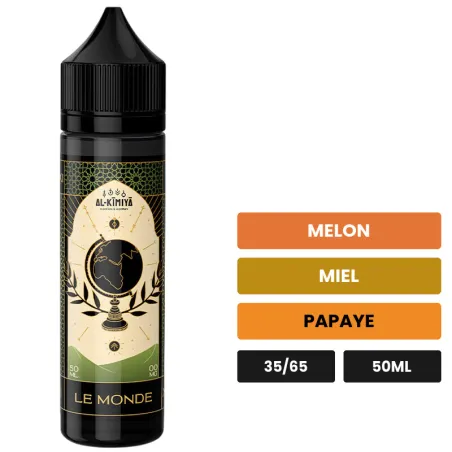 E-liquide Le Monde d'Al-Kimiya, 50 ml, saveurs melon, miel et papaye, sans nicotine — prêt à booster de nicotine.