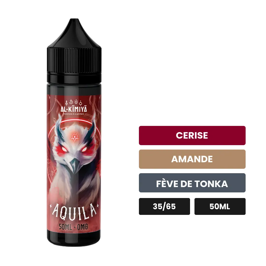 E-liquide Aquila d'Al-Kimiya, 50 ml, saveurs cerise, amande et fève de tonka, sans nicotine — prêt à booster de nicotine.