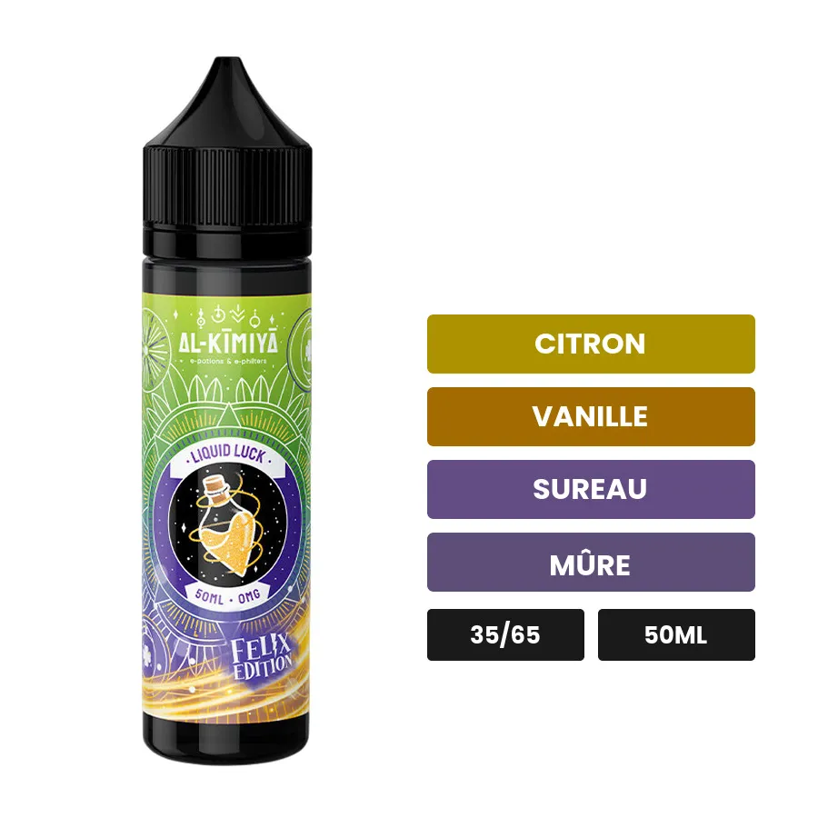 E-liquide Liquid Luck Felix d'Al-Kimiya, 50 ml, saveurs citron, vanille, sureau et 4 autres.