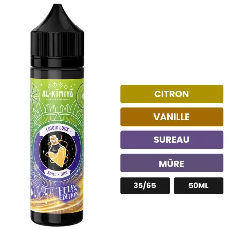 E-liquide Liquid Luck Felix d'Al-Kimiya, 50 ml, saveurs citron, vanille, sureau et 4 autres.