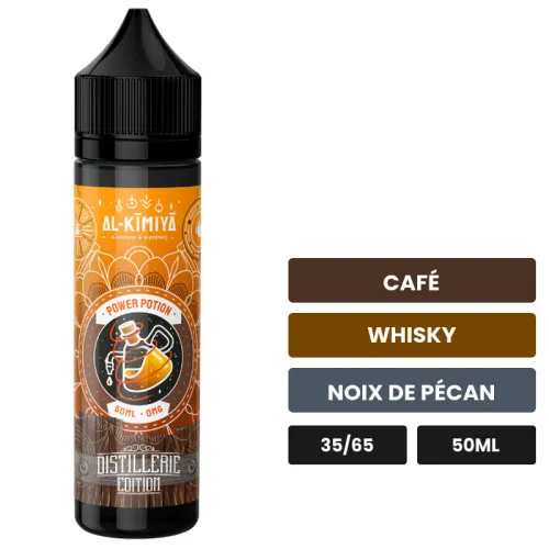 E-liquide Power Potion Distillerie d'Al-Kimiya, 50 ml, saveurs café, whisky et noix de pécan.