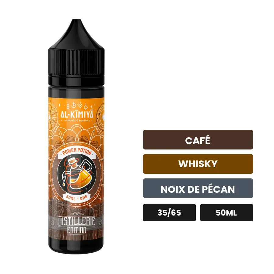 E-liquide Power Potion Distillerie d'Al-Kimiya, 50 ml, saveurs café, whisky et noix de pécan.