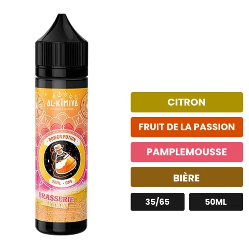 E-liquide Power Potion Brasserie d'Al-Kimiya, 50 ml, saveurs citron, fruit de la passion, pamplemousse et 1 autre.