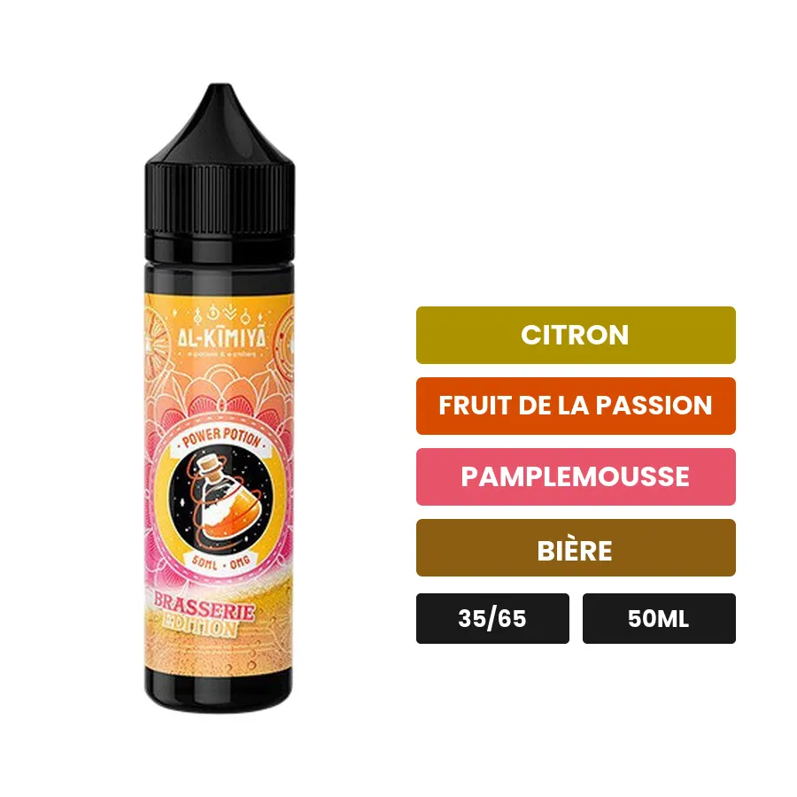 E-liquide Power Potion Brasserie d'Al-Kimiya, 50 ml, saveurs citron, fruit de la passion, pamplemousse et 1 autre.
