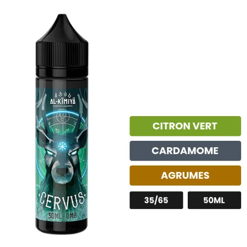 E-liquide Cervus d'Al-Kimiya, 50 ml, saveurs citron vert, cardamome et agrumes, sans nicotine — prêt à booster de nicotine.