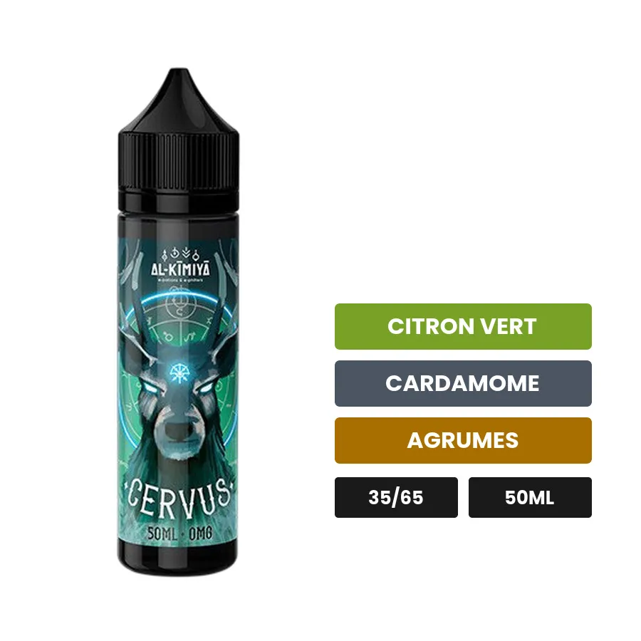 E-liquide Cervus d'Al-Kimiya, 50 ml, saveurs citron vert, cardamome et agrumes, sans nicotine — prêt à booster de nicotine.