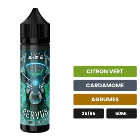 E-liquide Cervus d'Al-Kimiya, 50 ml, saveurs citron vert, cardamome et agrumes, sans nicotine — prêt à booster de nicotine.