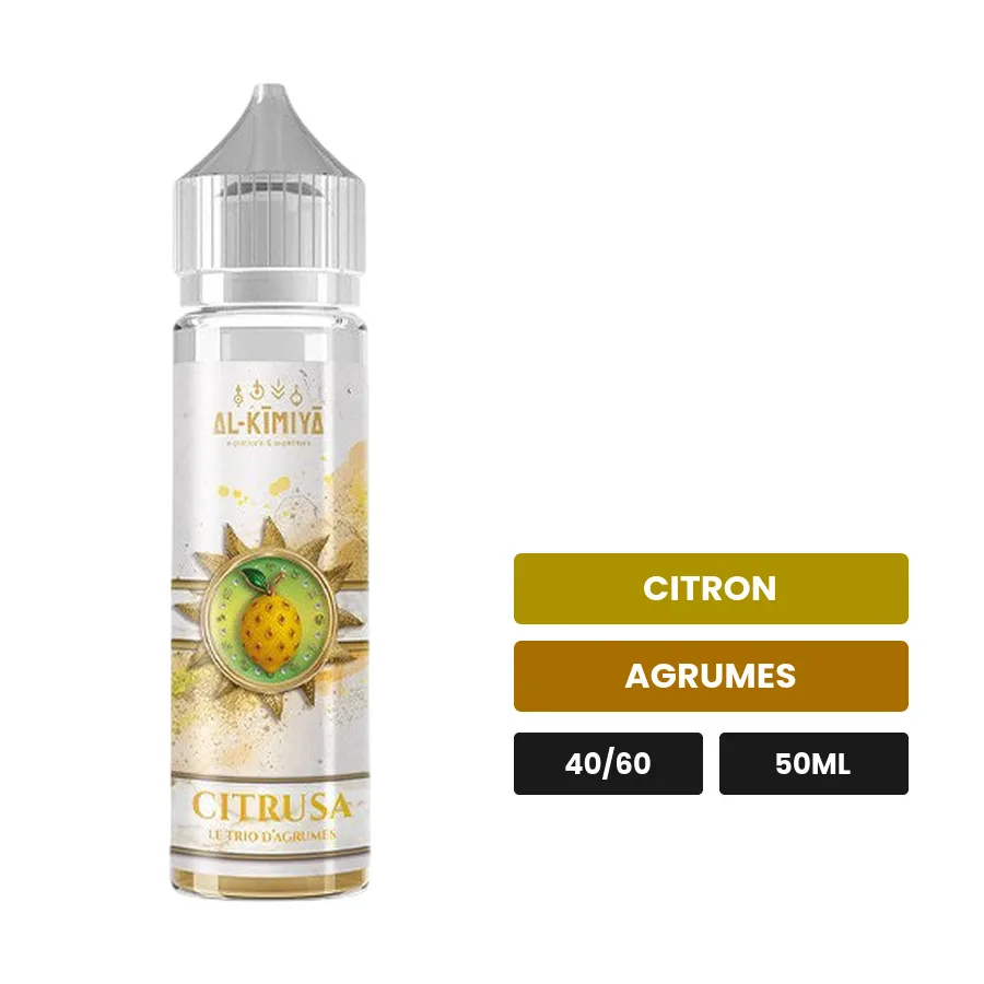 E-liquide Citrusa d'Al-Kimiya, 50 ml, saveurs citron et agrumes, sans nicotine — prêt à booster de nicotine.