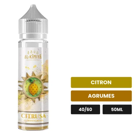 E-liquide Citrusa d'Al-Kimiya, 50 ml, saveurs citron et agrumes, sans nicotine — prêt à booster de nicotine.