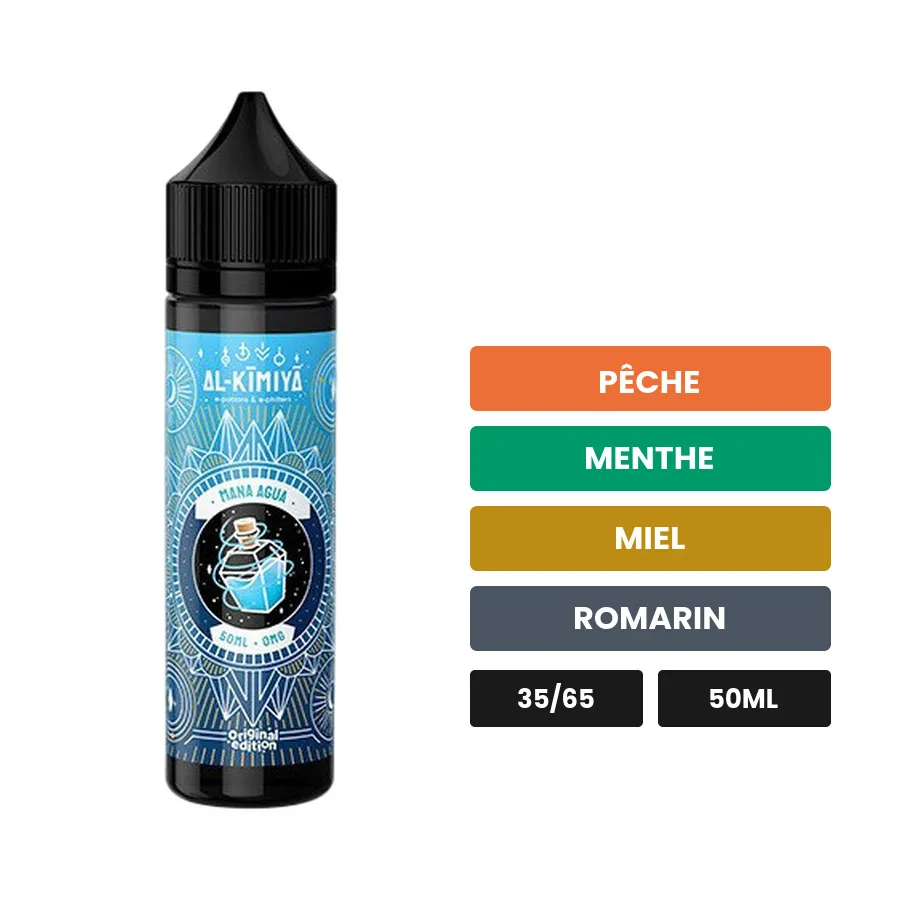 E-liquide Mana Agua d'Al-Kimiya, 50 ml, saveurs pêche, menthe, miel et 2 autres.