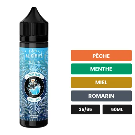 E-liquide Mana Agua d'Al-Kimiya, 50 ml, saveurs pêche, menthe, miel et 2 autres.