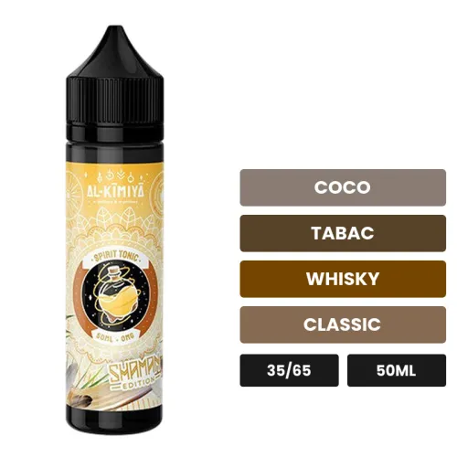 E-liquide Spirit Tonic Shaman d'Al-Kimiya, 50 ml, saveurs coco, tabac, whisky et 1 autre.