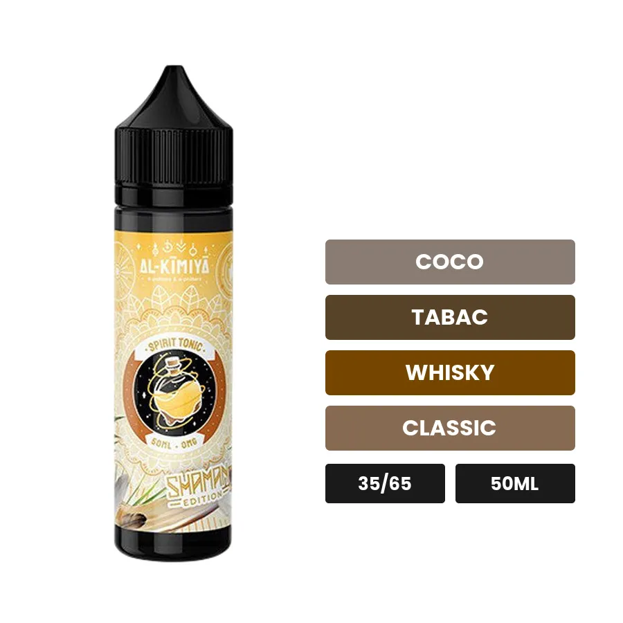 E-liquide Spirit Tonic Shaman d'Al-Kimiya, 50 ml, saveurs coco, tabac, whisky et 1 autre.