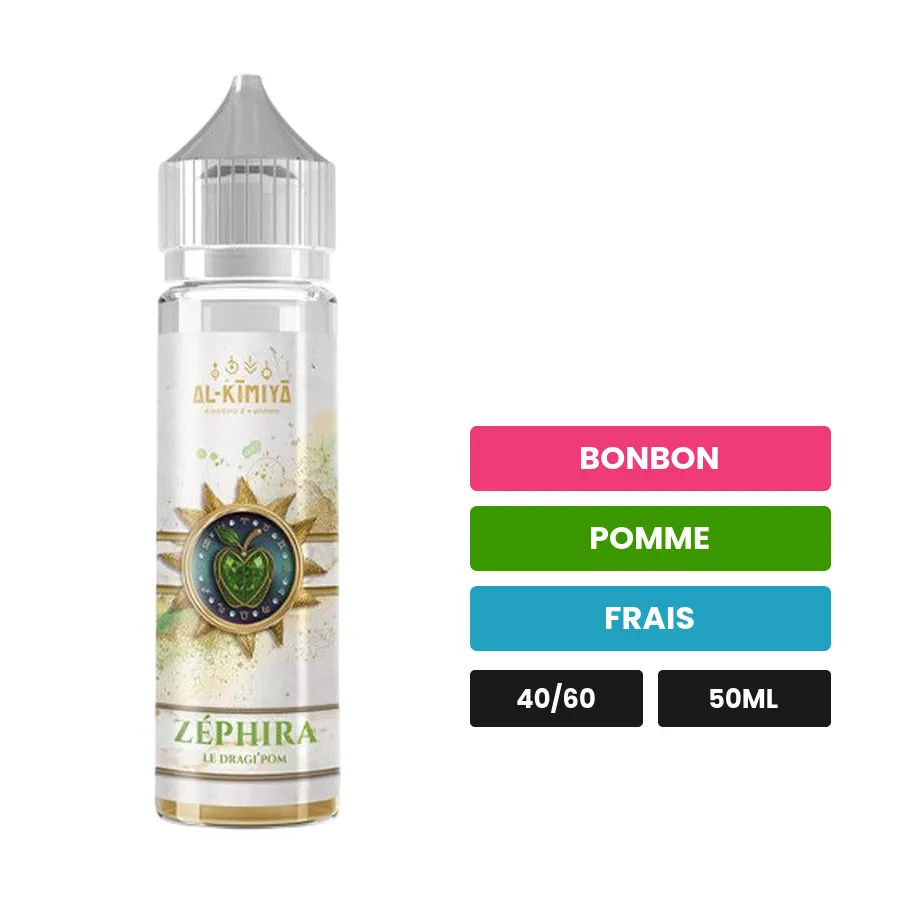 E-liquide Zéphira d'Al-Kimiya, 50 ml, saveurs bonbon, pomme et frais, sans nicotine — prêt à booster de nicotine.