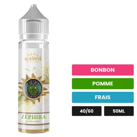 E-liquide Zéphira d'Al-Kimiya, 50 ml, saveurs bonbon, pomme et frais, sans nicotine — prêt à booster de nicotine.
