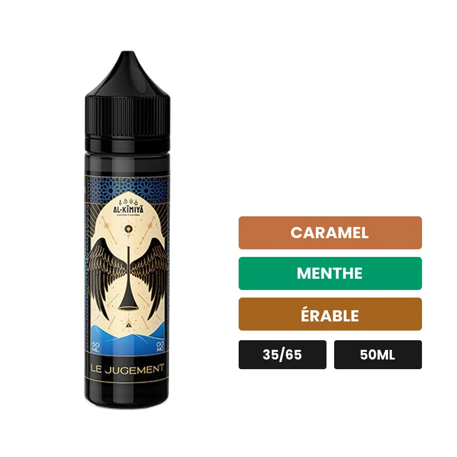 E-liquide Le Jugement d'Al-Kimiya, 50 ml, saveurs caramel, menthe et érable, sans nicotine — prêt à booster de nicotine.
