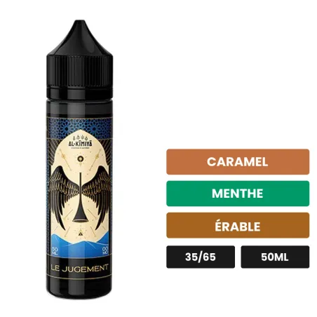 E-liquide Le Jugement d'Al-Kimiya, 50 ml, saveurs caramel, menthe et érable, sans nicotine — prêt à booster de nicotine.