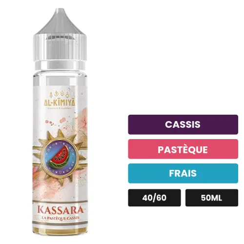 E-liquide Kassara d'Al-Kimiya, 50 ml, saveurs cassis, pastèque et frais, sans nicotine — prêt à booster de nicotine.