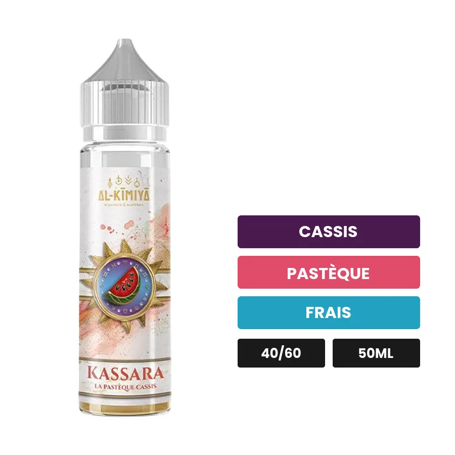 E-liquide Kassara d'Al-Kimiya, 50 ml, saveurs cassis, pastèque et frais, sans nicotine — prêt à booster de nicotine.