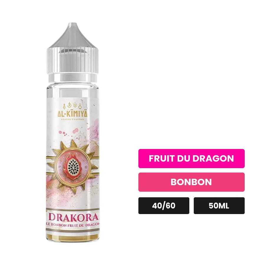 E-liquide Drakora d'Al-Kimiya, 50 ml, saveurs fruit du dragon et bonbon, sans nicotine — prêt à booster de nicotine.