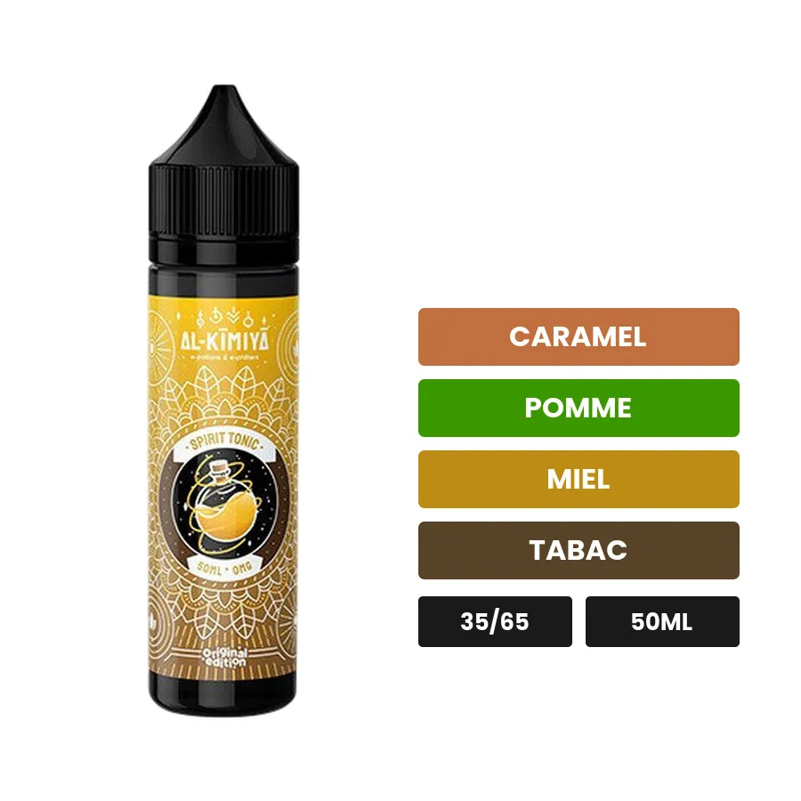 E-liquide Spirit Tonic d'Al-Kimiya, 50 ml, saveurs caramel, pomme, miel et 2 autres.