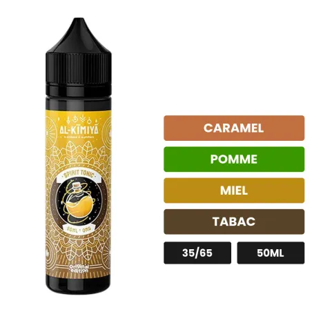 E-liquide Spirit Tonic d'Al-Kimiya, 50 ml, saveurs caramel, pomme, miel et 2 autres.