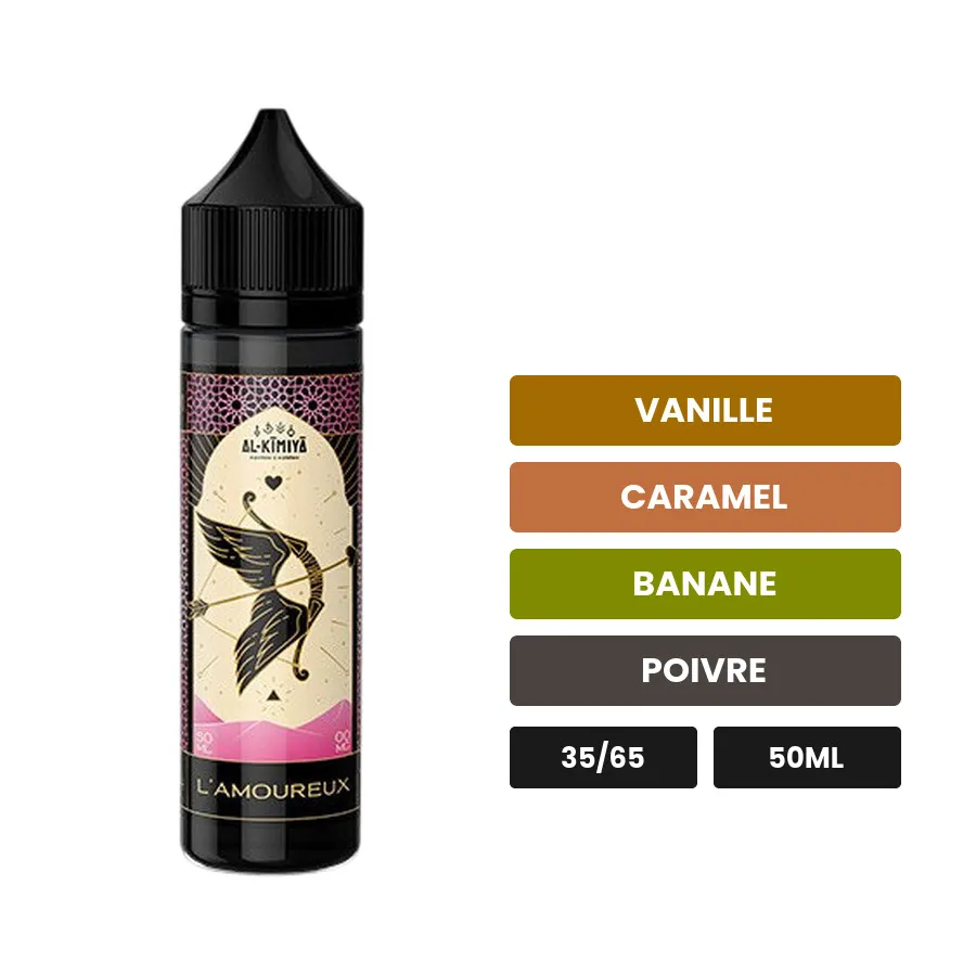 E-liquide L'Amoureux d'Al-Kimiya, 50 ml, saveurs vanille, caramel, banane et 1 autre, sans nicotine — prêt à booster de.