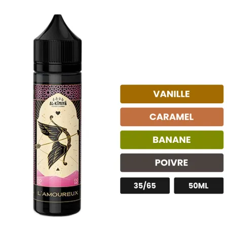 E-liquide L'Amoureux d'Al-Kimiya, 50 ml, saveurs vanille, caramel, banane et 1 autre, sans nicotine — prêt à booster de.