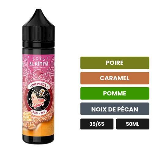 E-liquide Love Philter Heavy Heart d'Al-Kimiya, 50 ml, saveurs poire, caramel, pomme et 2 autres.