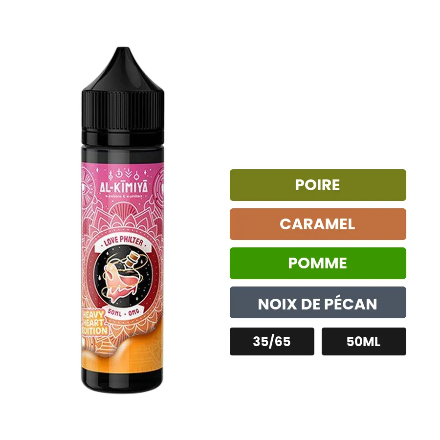 E-liquide Love Philter Heavy Heart d'Al-Kimiya, 50 ml, saveurs poire, caramel, pomme et 2 autres.