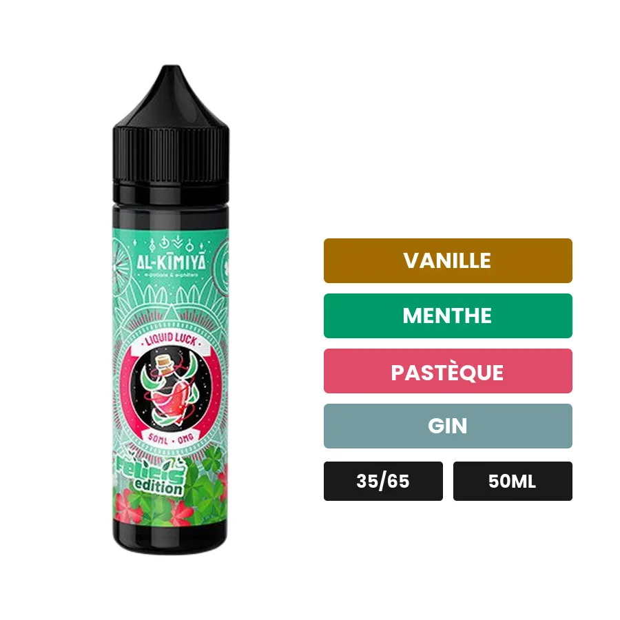 E-liquide Liquid Luck Felicis d'Al-Kimiya, 50 ml, saveurs vanille, menthe, pastèque et 2 autres.