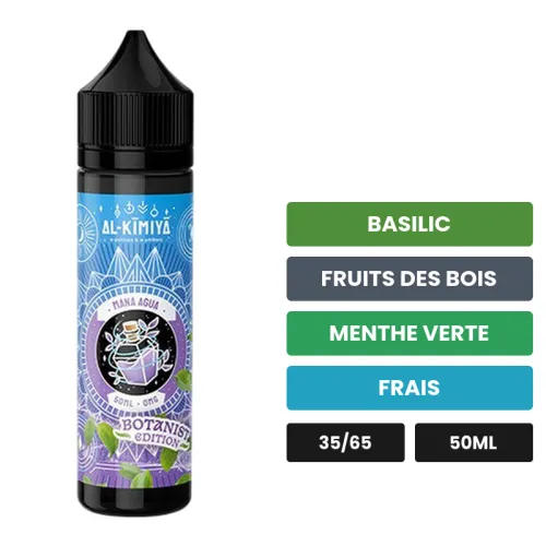 E-liquide Mana Agua Botanist d'Al-Kimiya, 50 ml, saveurs basilic, fruits des bois, menthe verte et 1 autre.