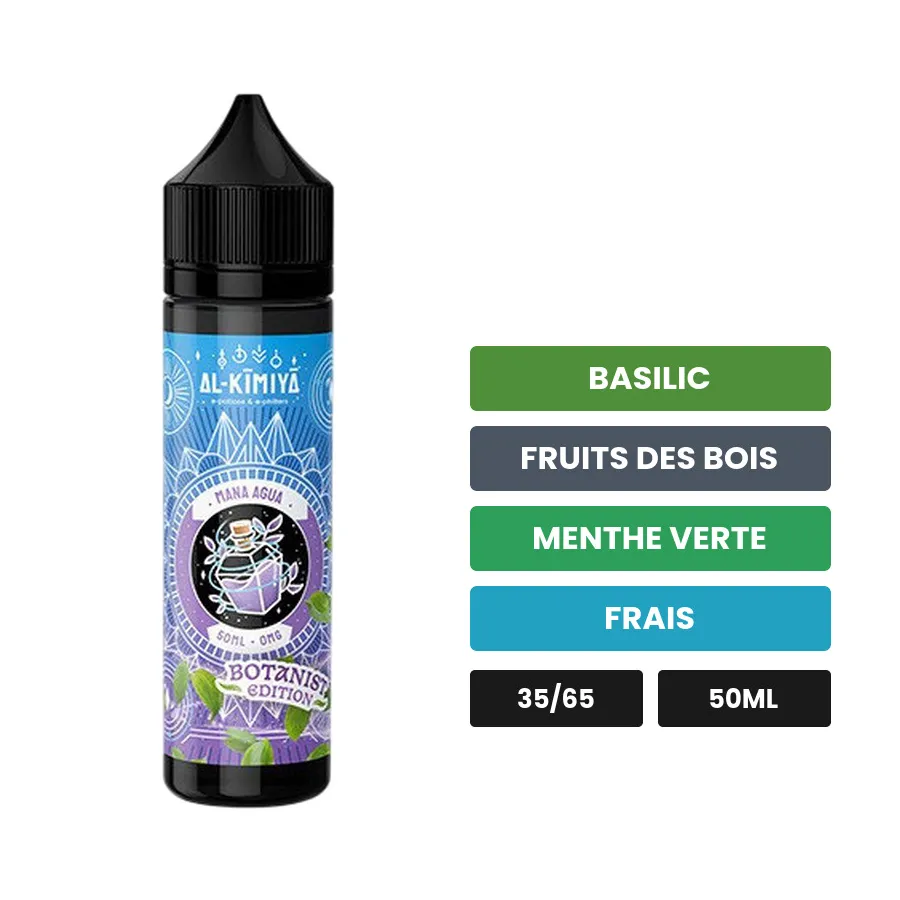 E-liquide Mana Agua Botanist d'Al-Kimiya, 50 ml, saveurs basilic, fruits des bois, menthe verte et 1 autre.
