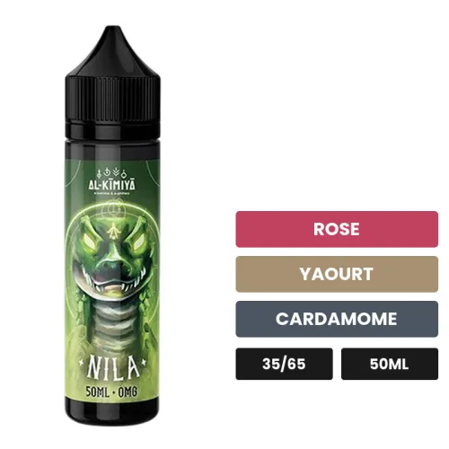 E-liquide Nila d'Al-Kimiya, 50 ml, saveurs rose, yaourt et cardamome, sans nicotine — prêt à booster de nicotine.