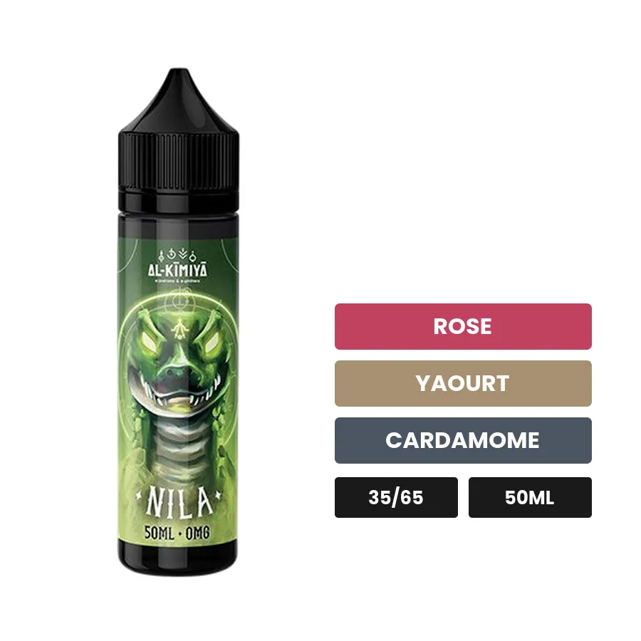 E-liquide Nila d'Al-Kimiya, 50 ml, saveurs rose, yaourt et cardamome, sans nicotine — prêt à booster de nicotine.