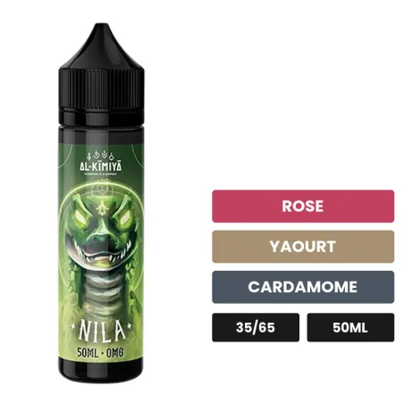 E-liquide Nila d'Al-Kimiya, 50 ml, saveurs rose, yaourt et cardamome, sans nicotine — prêt à booster de nicotine.