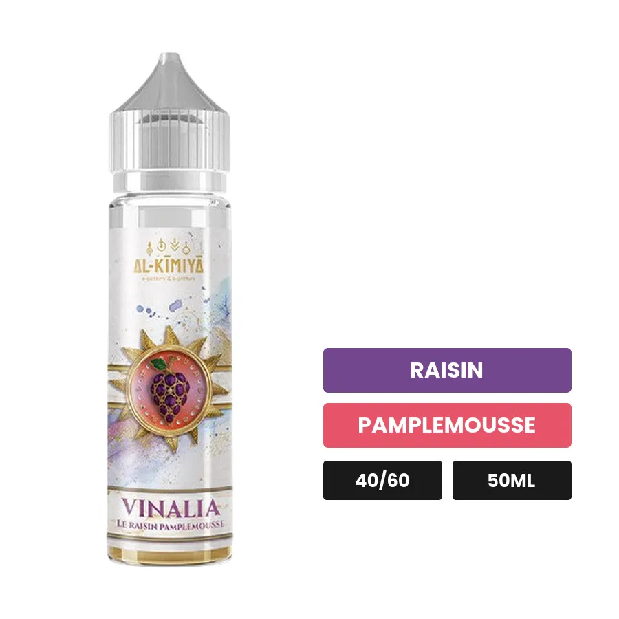 E-liquide Vinalia d'Al-Kimiya, 50 ml, saveurs raisin et pamplemousse, sans nicotine — prêt à booster de nicotine.