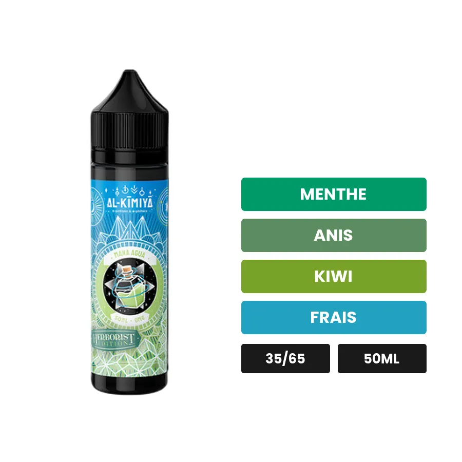 E-liquide Mana Agua Herborist d'Al-Kimiya, 50 ml, saveurs menthe, anis, kiwi et 1 autre.