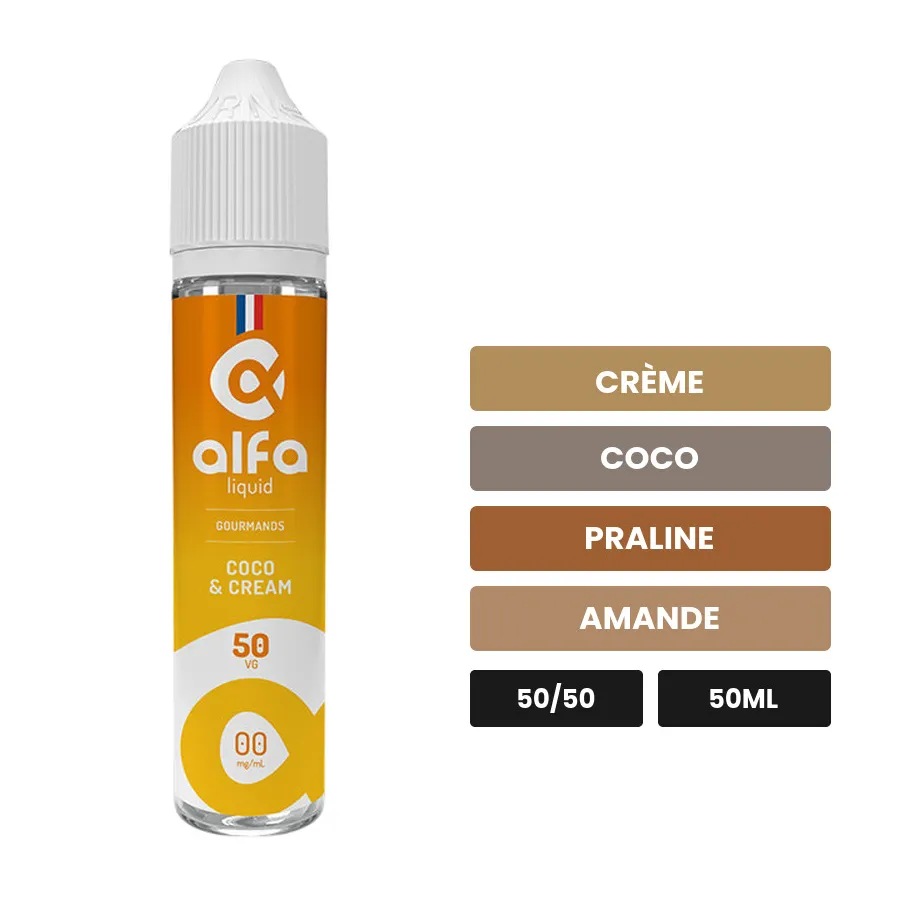 E-liquide Coco & Cream d'Alfaliquid, 50 ml, saveurs crème, coco, praline et 1 autre.