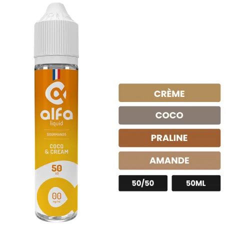 E-liquide Coco & Cream d'Alfaliquid, 50 ml, saveurs crème, coco, praline et 1 autre.